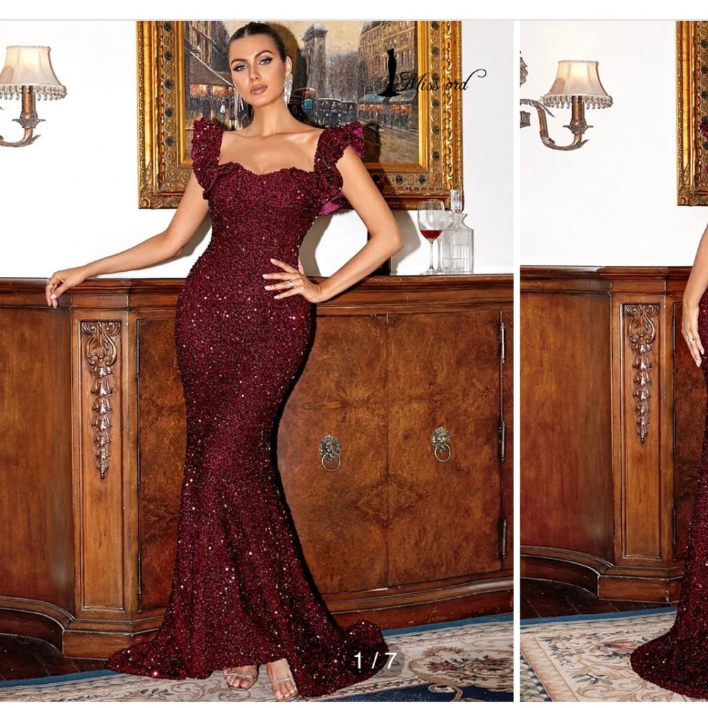 Missord Sweetheart Neck Ruffle Trim Mermaid Hem Sequin Formal Dress